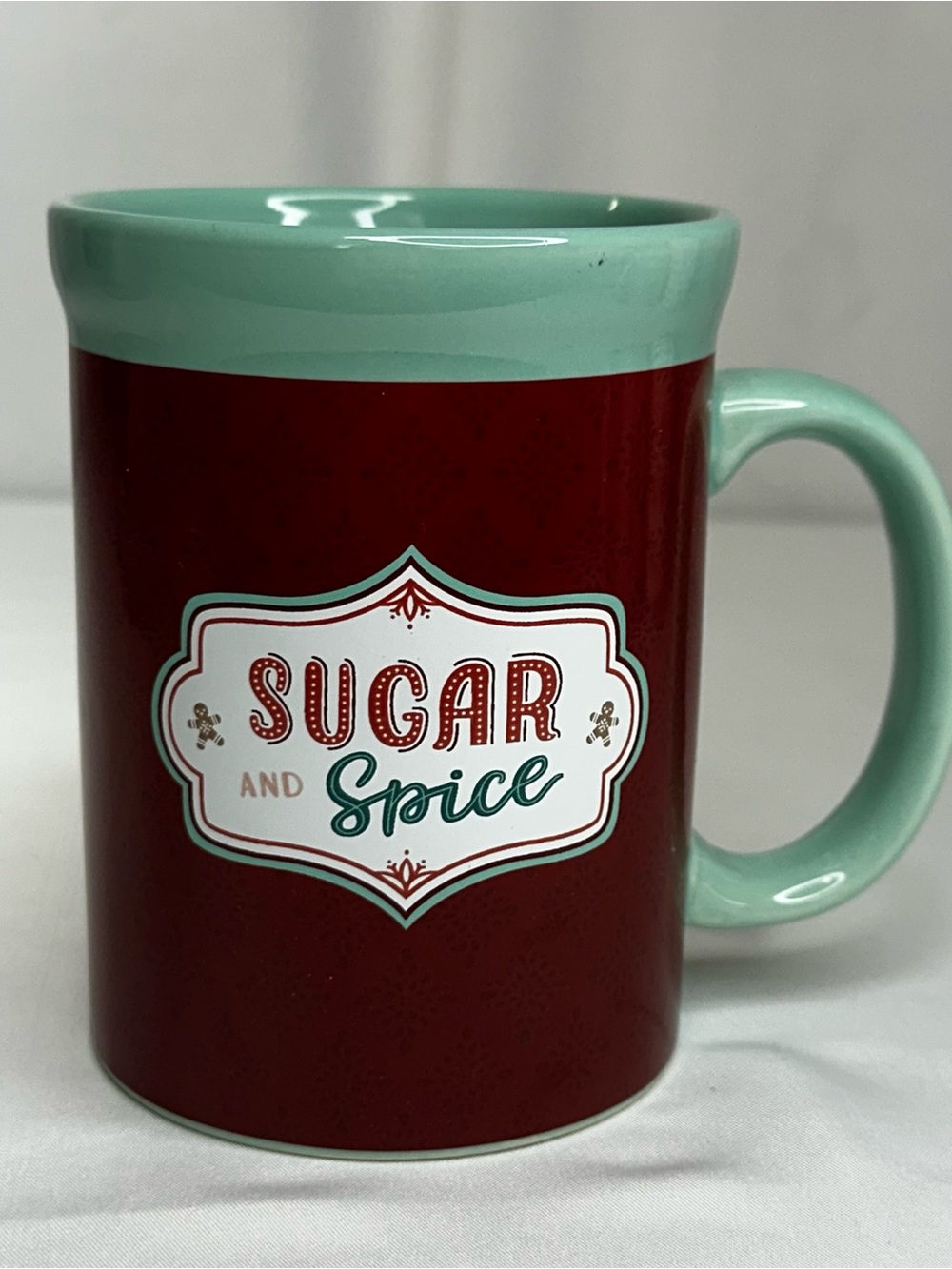 Sugar and Spice Ceramic Coffee Mug in Mint and Red